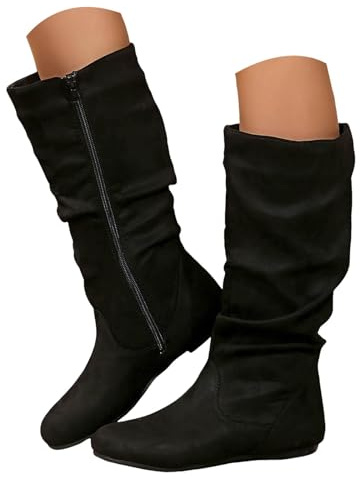 Bottines Larges en Daim pour Femme Bout Pointu à Talon Bas Bottines Chaudes ImperméAble Confortable Sans Lacet Bottes mi-Mollet à Enfiler avec Boucle Bottes de Marche Confortables et Légères