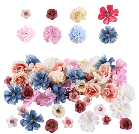 pclapora 40 Stück Künstliche Blumenköpfe, Blumen zum Basteln mit 8 Stile, Kunstblumen Blumenköpfe, Künstliche Mini Seidenblumen, Kunstblumen zum Basteln, Mittelstücke, Brautstrauß, Heimdekoration