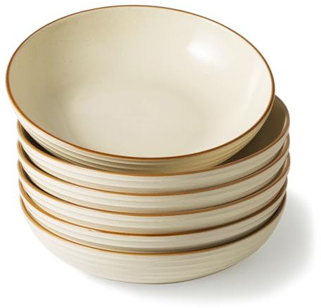 Richmount Jupiter Schalen Set, 21.6cm Pastateller für 6, Vanille Weiß | Große tiefe, geeignet für Nudeln, Suppe, Salat und Dessert, stapelbar, spülmaschinen- & mikrowellengeeignet