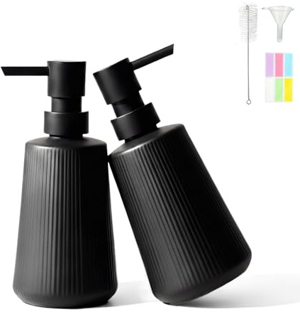 mawmuaw 2 Stück Seifenspender Schwarz 350 ML Spülmittelspender 17.3x7.2 cm Glas Soap Dispenser mit Pumpspender Handseifenspender mit Reinigungsbürste Farbigen Etiketten und Trichter für Küche Bad