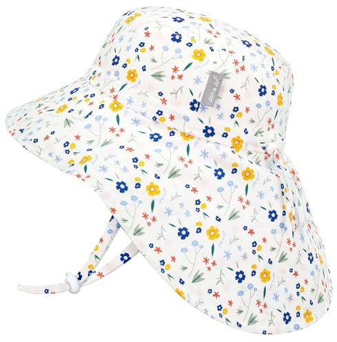 Jan & Jul Mädchen Baumwoll-Sonnenhut mit Nackenschutz, 50+ UPF für Babys und Kleinkinder (M: 6-24 Monate, Wiesenblumen)