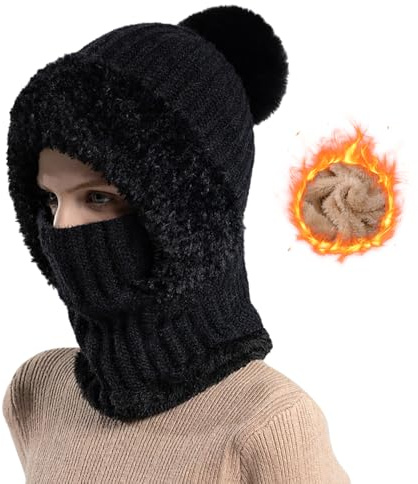 Generisch Plüsch Sturmhaube Mütze 3-in-1 Convertible, Wintermütze Damen Balaclava Schal für Radfahren, Motorradfahren Winddicht Gesichtshaube für Damen (Schwarz)
