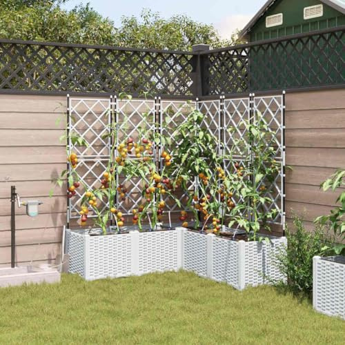 IKAYAA Jardinera con Enrejado PP Jardinera con Sistema de riego autorriego Jardinera con Celosía 120 x 120 x 142 cm Macetero con Soporte para Flores Plantas en Exterior Terraza Jardín Blanco