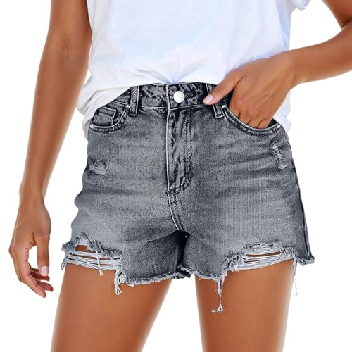 Jean 2026 pour femme - Short en jean délavé taille haute déchiré décontracté - Tendance - Extensible - Confortable - Ourlet rétro - Léger - À porter au quotidien, gris, S