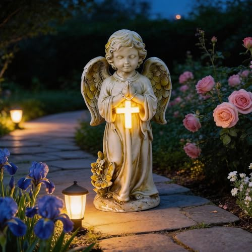 Wxeadu Solar Engel Gartenstatuen, LED Fairy Engel Figur, Engel für Grab Wetterfest, LED-Schutzengel-Figur mit Solarleuchten, Grabschmuck Wetterfest für Herbstdeko Hof, Friedhof, Fensterbank, Terrasse