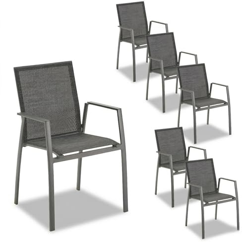 Liadomo Gartenstuhl 6er-Set Pellaro, 6 Stück Stapelstuhl, Alu-Armlehnen | stapelbar, UV-beständiges Textilgewebe, Aluminiumgestell, fertig montiert