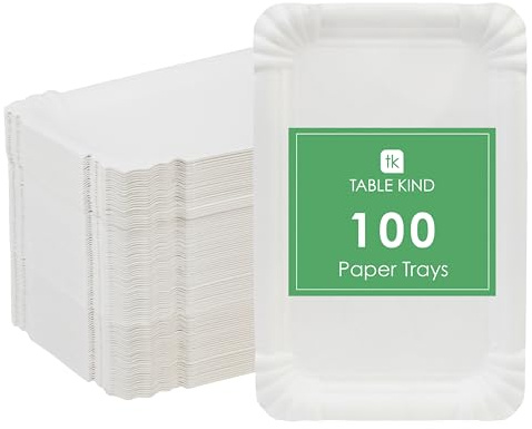 Table Kind 100 x Rectangular Disposable Paper Food Trays 20cm, White Serving Trays - Recyclable Disposable Plates for World Cup Viewing Parties, Weddings Catering & Cakes, BBQs, Home Compostable