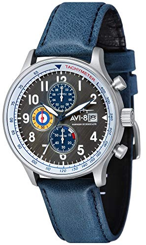 AVI-8 Hawker Hurricane Classic Orologio cronografo da uomo 43,5 mm con cinturino in pelle AV-4011, Pennant Blu, Cronografo