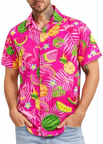 King Kameha Chemise hawaïenne Homme Manches Courtes, Flamingo Melon, Rose, L