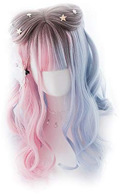 Langes gewelltes Haar mit rosa und blauen Farben auf beiden Seiten von Braun - Lolita Perücke für Frauen Cosplay Party Daily Use MUTSALAK