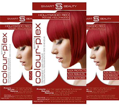 Hollywood Red Hair Dye Permanent with Anti-Breakage Plex Hair Care, Vegan Hair Dye & Cruelty-Free, PPD Free, Grey Coverage, Bright Red Hair Colour, By Smart Beauty (pack of 3)