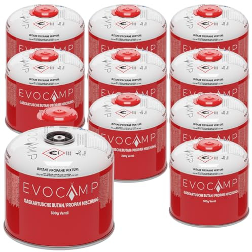 EVOCAMP 10x Propan Butan Gaskartuschen 300g, Schraubventil Eurogewinde 7/16, Ventilkartuschen 539ml mit Sicherheits-Verschlussautomatik, Gaskartuschen einsetzbar für Weber Grills Q100/1200-Serien