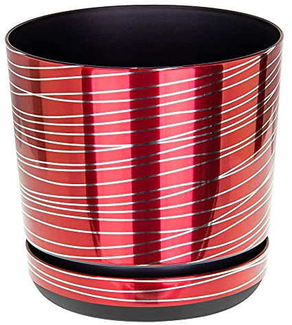 KORAD Red Flower Pot with Silver Stripes – Indoor Gloss Plastic Planter with Saucer Tray, Plant Pots for Houseplants, 6 21 cm