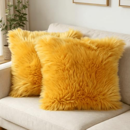 OYIMUA 2 Pcs Weicher Zierkissenbezüge Deko Kissen Schaffell Lammfell Kunstfell Langhaar Zierkissen Kissenbezug Fellimitat Sofakissen Cuddly Kissen (Gelb, 50 x 50 cm)