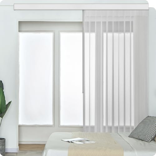 Graywind Manual Sheer Vertical Blinds Custom Size Adjust Light Fabric Sheer Free Wand Control Privacy Light Filtering Track Slats Set for Patio Sliding Glass Door Large Window (Snow)
