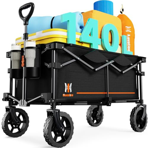 Navatiee hopfällbar hopfällbar vagn med 140 L, stor kapacitet hopfällbar vagn med tysta terränghjul, användbar livsmedelsvagn för camping, shopping, utomhus, svart