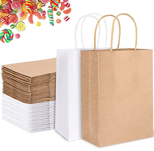 MULEVIP Lot de 42 Sac Kraft Cadeaux avec Poignée, Épais Sacs en Papier Brun pour Noël,Fête des Mères,Mariages,Anniversaires,Emballage - 21×Blanc,21×Brun(21x15x8cm)