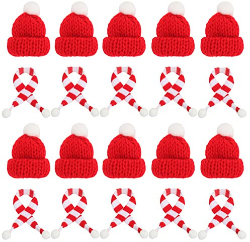 20 Stück Mini Weihnachtsmütze, Kleine Weihnachtsmütze und Schal Set, Mini-Strickmütze des Weihnachten, Nikolausmütze Klein für Weihnachten Weinflasche Abdeckung, Puppenhaus, Weihnachtsfeiern