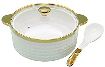 ABHOME Suppenterrine mit Glasdeckel und Löffel, Porzellan-Servierschalen mit Deckel, weiß, rund, 2,5 Liter (Typ 2), 27,9 cm (T) x 15,2 cm (H)