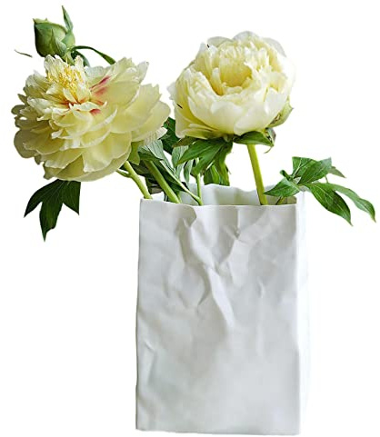 Crinkle Paper Bag Keramikvase - Buch Blumenvase - Weiße Papiertüten-Keramikvase, einzigartige quadratische, Plissierte kleine Vasen mit breiter Öffnung für Zuhause Dirfuny