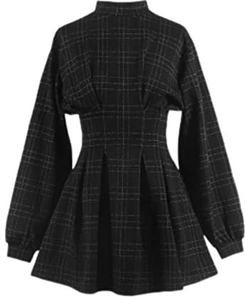 WEITING Gothic Kleid Gothic Harajuku Vintage Plaid Wrap Balck Minikleid Retro Plissee Punk Langarm Dunkel Ästhetisch Kpop-Grau Gitter, L