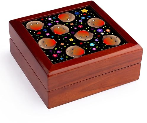 3dRose Cute Kawaii European Robin Red Breast Bird pattern - Adorable round birdy cartoon with flowers, Jewelry Box jb-76682-1