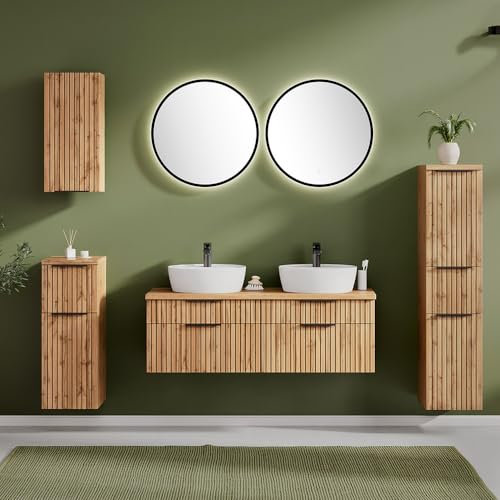 Lomadox Badmöbel Set 6-teilig inkl. Doppelwaschtisch 120cm in Eiche, Fronten gestreift | Aufsatzbecken weiß, Spiegel mit LED
