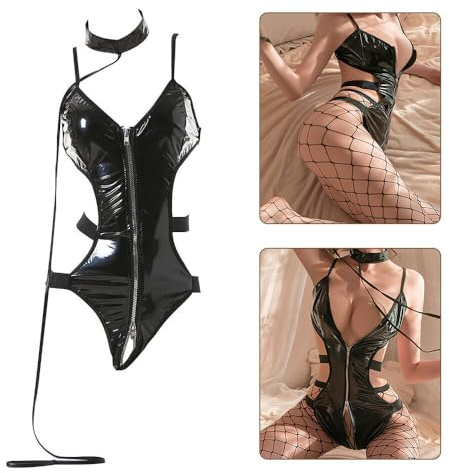 GKLWEJ Sexy Dessous Set für Damen Mit Kragen, Netzstrümpfen und Offenem Schritt - Erotische Reizwäsche Unterwäsche Mit Strapsen