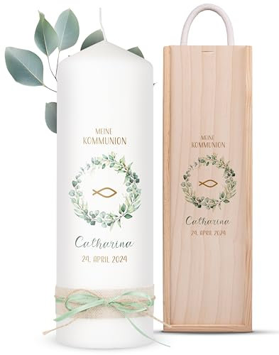 AMARI ® Kommunionkerze Eukalyptus Fisch - Kerze für Junge/Mädchen - Selbst Gestalten H:25cm/⌀:8cm