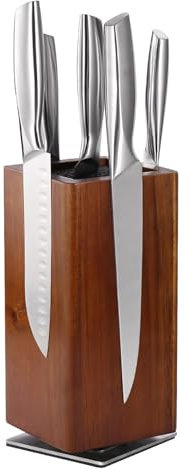 Magnetic Knife Block Without Knives, 360°Rotatable Wooden Kitchen Knife Block, Acacia Wood Knife Holder Storage Stand, Extra Strong Magnetic Knife Storage Rack with Bristles, 24.6 x 11 cm (Brown)