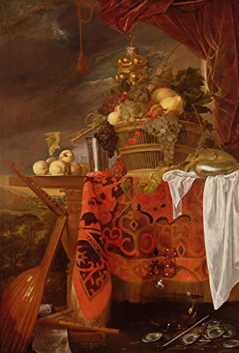 ENYLUFUT De Célèbres Tableaux Tableau Vintage Images Abstraites Basket of Mixed Fruit with Gilt Cup Silver Calice Nautilus Glass par Jan Davidsz De Heem Pour les Décorations pour la Maison 60x90cm