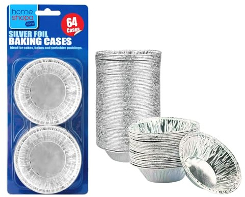 HOMESHOPA Aluminium Foil Pie Trays Muffin Cases Cake Tins, 64 Pack Small Silver Cupcake Cases for Foil Pudding Dishes, Basins Pancake Bun Cases, Baking Moi Moi, Muffin, Egg Tart