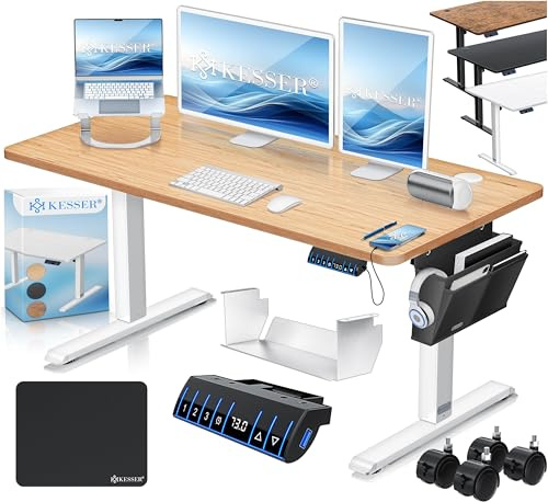 KESSER® höhenverstellbarer Schreibtisch elektrisch 120 x 60 cm, ergonomischer Steh-Sitz Tisch mit 3-Memory-Funktion, Stehtisch für Homeoffice, Inkl. Zubehör, USB-Ladeanschluss & 360° Rollen, Beige