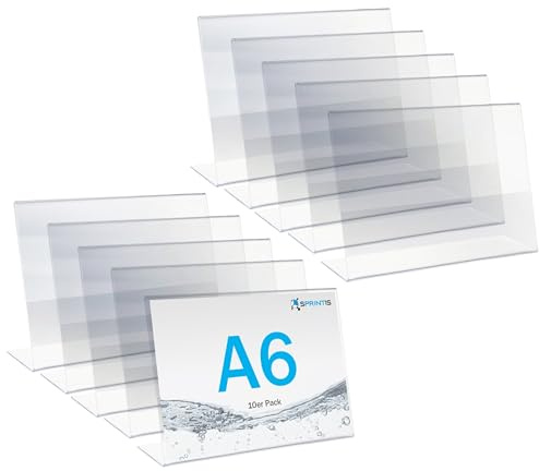 SPRINTIS Tischaufsteller A6 quer (10 Stück) - für Inhalt 14,8 x 10,5 cm, L-Aufsteller aus glasklarem Kunststoff für Hochzeit & Restaurant, Werbeaufsteller DIN A6 schräg, Menükartenhalter Querformat
