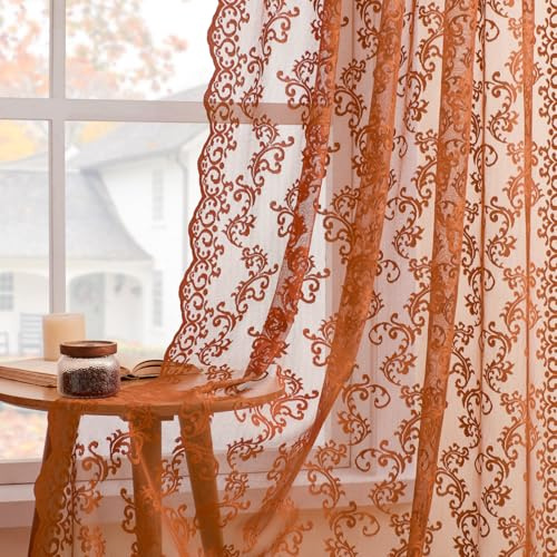 Brunt orange spetsgardiner 153 cm längd 2 paneler set – rustik terrakotta för sovrum vardagsrum, stång fickbelysning filtrering vintage land höst pumpa dekor, 52 x 63