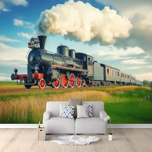 Grassland Steam Train Wallpaper Bedroom Kids Boys 3D Wallpaper Mural Multicolour Kids Teens Room 3D Poster Photo Wall Decoration Themed Room Playroom 300x210 cm