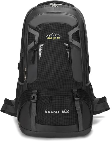Mxaeyar 60L Hiking Backpack,Waterproof Travel Backpack,Lightweight Camping Rucksack with Machine Washable Design,Unisex Trekking Bag for Outdoor Adventures, Cycling, Daily Use,Black