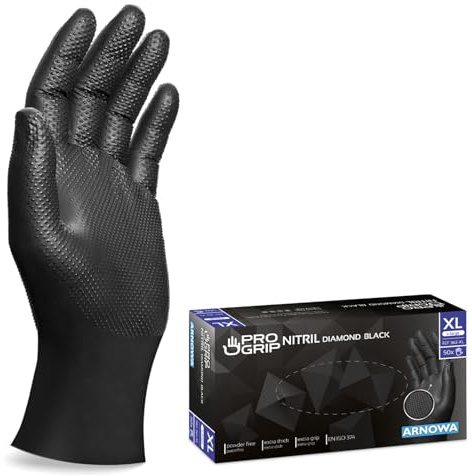 1000x PROGRIP Einweghandschuhe Diamant Grip Schwarz, Nitrilhandschuhe XL | Einmalhandschuhe Extra Stark, Handschuhe Einweg griffig, latexfreie Arbeitshandschuhe für Werkstatt & Montage M, L, XL, XXL