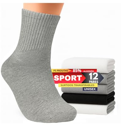 12 Pares Calcetines Deportivos Hombre Mujer – Pack Calcetines Media Caña Unisex para Running, Gimnasio, Tenis, Trabajo, Uso Diario – 85 % Algodón (FR/ES, Números, 35, 40, Regular, Regular, Surtido)