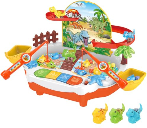 Yosamy Juguete de Pesca Multifuncional con música y luz, Juguete para Subir escaleras, Juego de Pesca 2 en 1 con Pista Deslizante, 2 cañas de Pescar, 8 Peces, 3 Dinosaurios para niños, niñas
