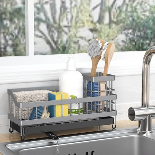 Huilaimi Sink Caddy, Sponge Holder, Anti Slip, Self Draining Spout | Kitchen Sink Organiser with High Brush Holder, Rustproof and Strong, Keep Countertop Organizer, Grey