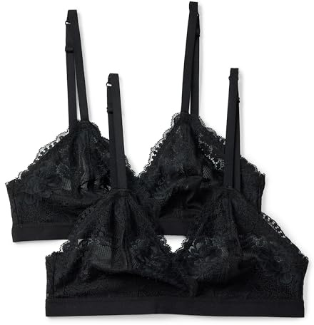 Amazon Essentials Women's Stretch Galloon Lace Unlined Triangle Bra, Pack of 2, Black, Medium
