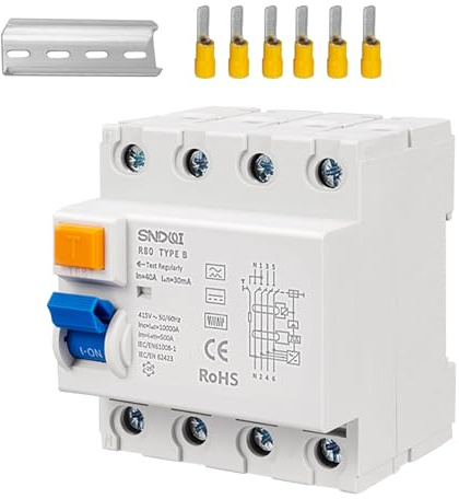FI Schutzschalter 40A 30mA 4-polig, FI Schalter Type B RCD, 415V 50/60Hz, 10kA Schutz, Automatische Sicherung für elektrischen Schutz