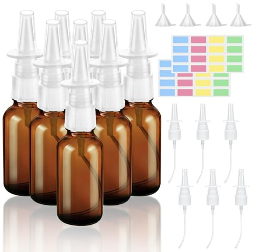 GOTDYBST Pulvérisateur nasal en verre petit : 8 flacons pulvérisateurs nasaux 30 ml, vaporisateurs rechargeables réutilisables, avec étiquette vierge, buse et entonnoir, pour parfum, huiles
