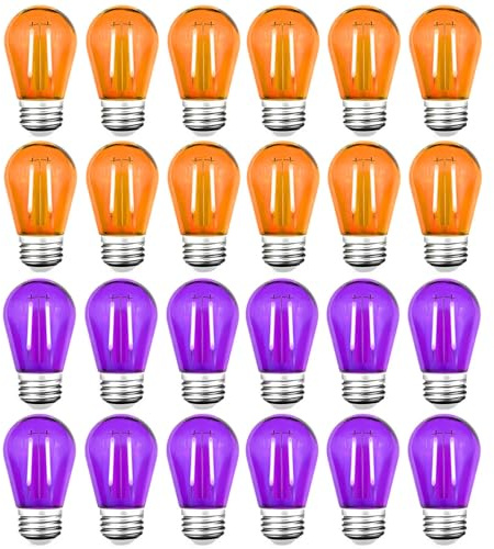 GUILEDUO Purple Light Bulb and Orange Light Bulb, 24 Pack S14 LED Bulbs, Shatterproof 2 Watt Replacement Bulbs for Outdoor String Light, Decorative E26 Base Filament Halloween Light, 120V