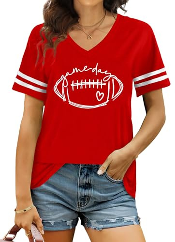 PICKID Football Shirts for Women: Game Day Tshirt Football Season Graphic Tee Sunday Funday Short Sleeve V Neck Top