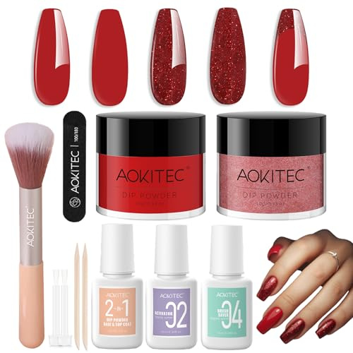 Ensemble de poudre à ongles Aokitec - Poudre à ongles rouge et paillettes avec brosse activateur de base et de finition, kit de trempage pour ongles acryliques, kit de démarrage de poudre à ongles