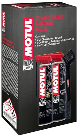 Motul Wartungsset für Motorradketten – Kettenreiniger MC Care Chain Clean C1, 400 ml + Ketten-Sprühfett für Straßen- und Renn-Motorräder MC Care Chain Lube Factory Line C4, 400 ml + Weiche Bürste