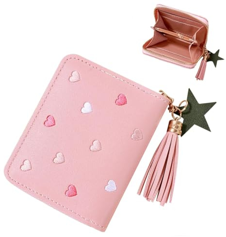 ZORVYN Portafoglio Bambini 1 pezzo, Portacarte, Mini in Pelle con Cerniera a Nappa, PU con Ricamo a Cuore, Sottile e Piccolo per Slim Donne, con Nastri di Gomma Colorati (Rosa)