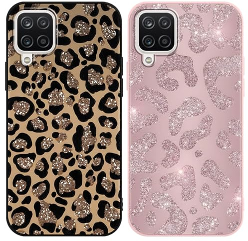 Yirlbey 2 Pezzi Cover per Samsung Galaxy A12 4G 6,5, Cellulare Silicone Morbido Custodia per telefono Aesthetic Motivo Glitter Disegno Antiurto AntiGraffio Protezione Case per Ragazze, Leopardata